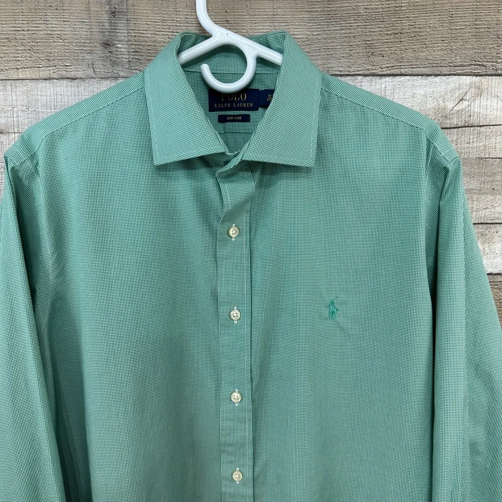 Polo Ralph Lauren Mens  Microcheck Gingham Button  Dress Shirt Green Size 16 1/2